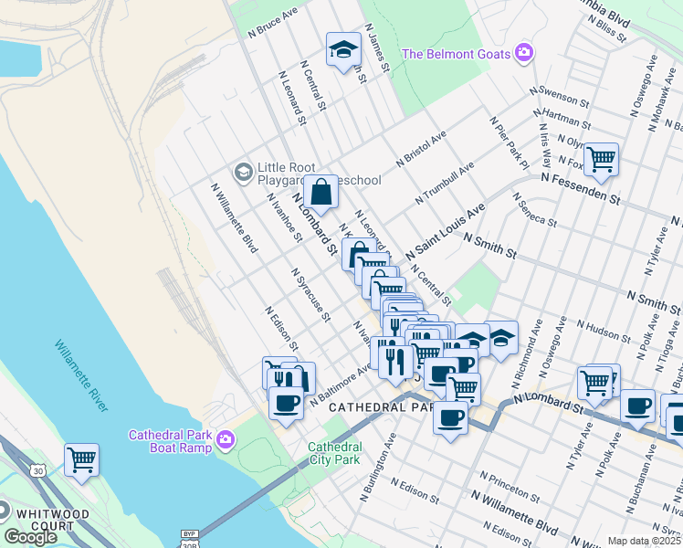 map of restaurants, bars, coffee shops, grocery stores, and more near 9222 North Lombard Street in Portland