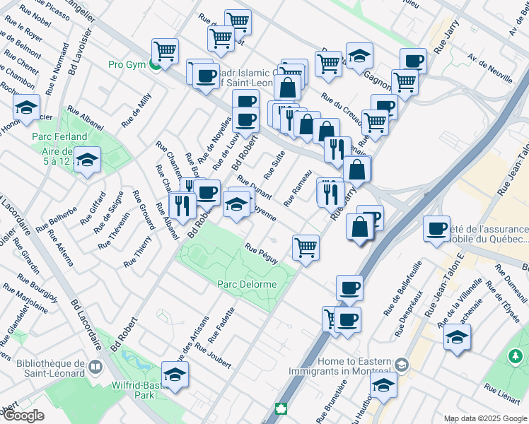 map of restaurants, bars, coffee shops, grocery stores, and more near Rue de Guyenne in Montréal
