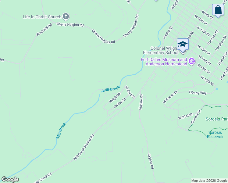 map of restaurants, bars, coffee shops, grocery stores, and more near 2405 Wright Street in The Dalles