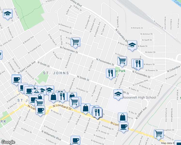 map of restaurants, bars, coffee shops, grocery stores, and more near 9318 North Tyler Avenue in Portland