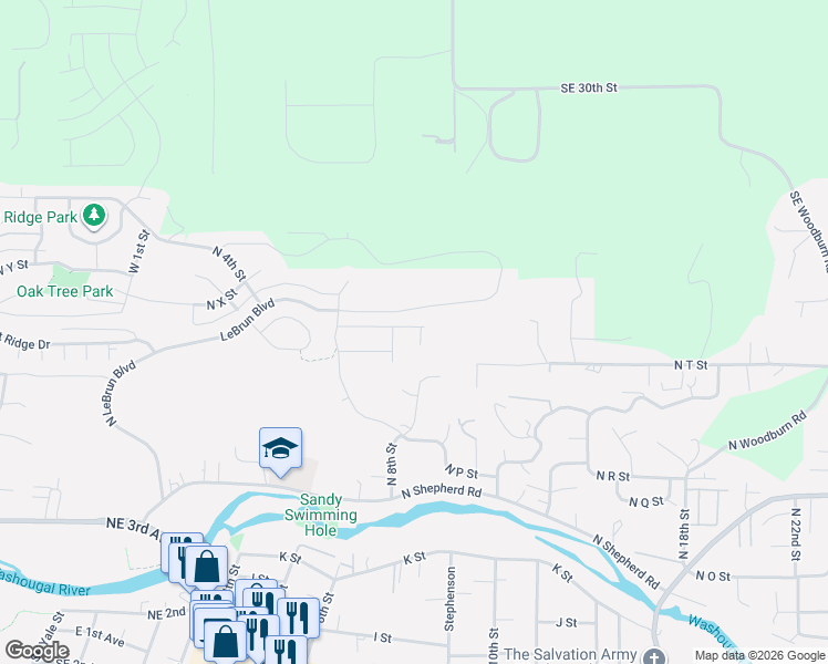 map of restaurants, bars, coffee shops, grocery stores, and more near 750 North V Street in Washougal