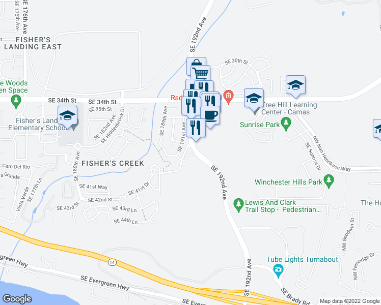 map of restaurants, bars, coffee shops, grocery stores, and more near 3910 Southeast 192nd Avenue in Vancouver