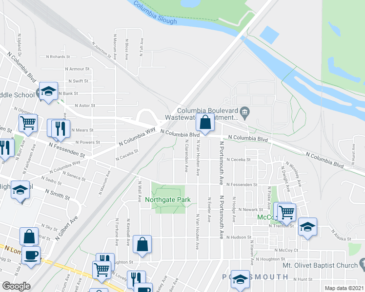 map of restaurants, bars, coffee shops, grocery stores, and more near 9832 North Clarendon Avenue in Portland