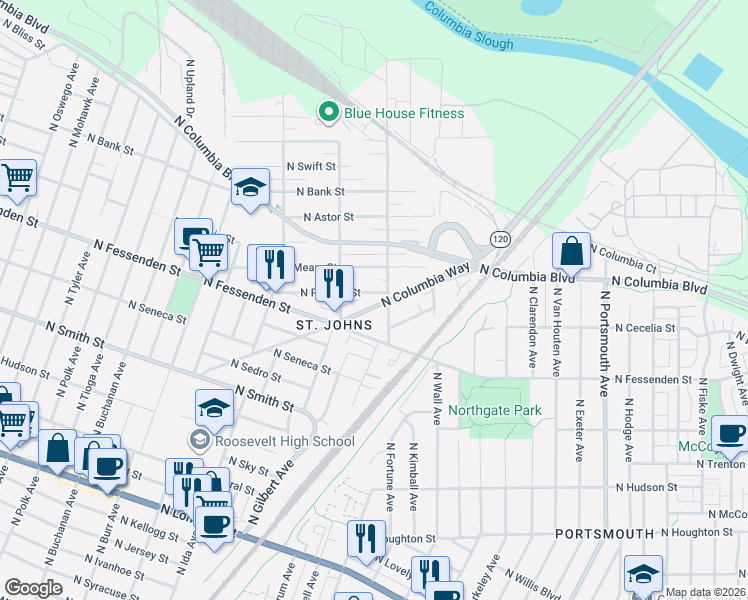 map of restaurants, bars, coffee shops, grocery stores, and more near 6645 North Powers Street in Portland