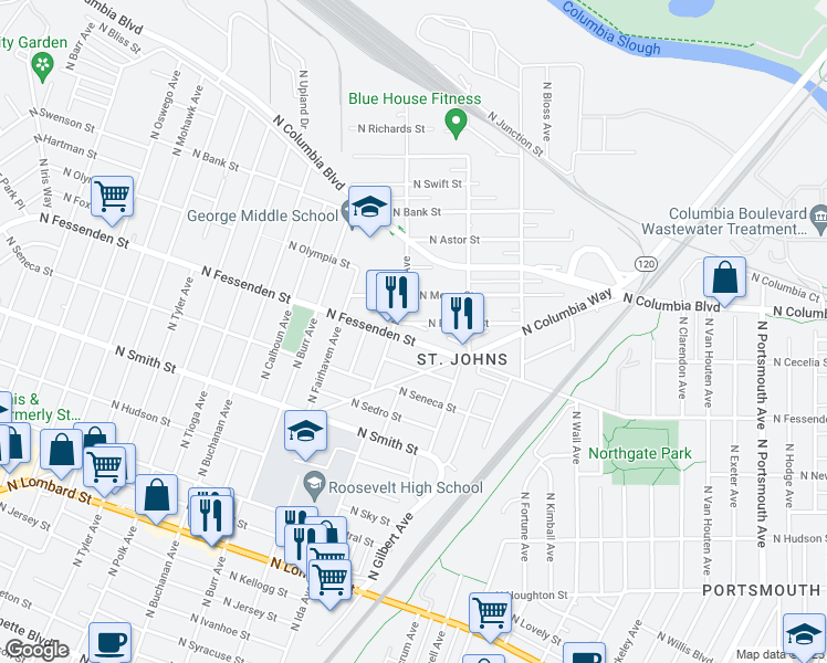 map of restaurants, bars, coffee shops, grocery stores, and more near 6935 North Powers Street in Portland