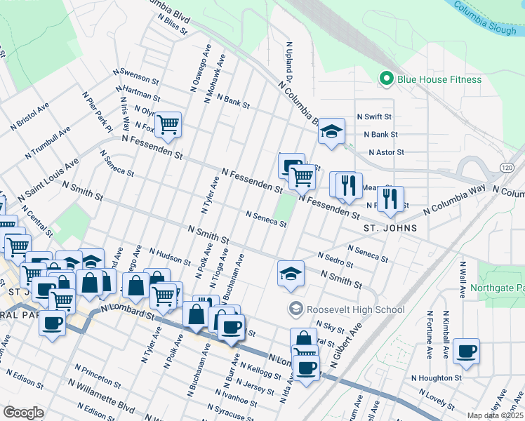 map of restaurants, bars, coffee shops, grocery stores, and more near 9448 North Buchanan Avenue in Portland