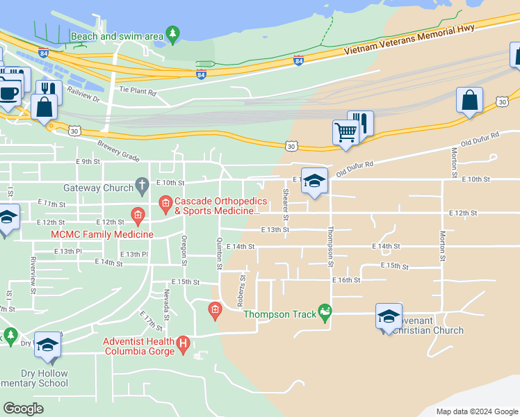 map of restaurants, bars, coffee shops, grocery stores, and more near 2017 East 12th Street in The Dalles