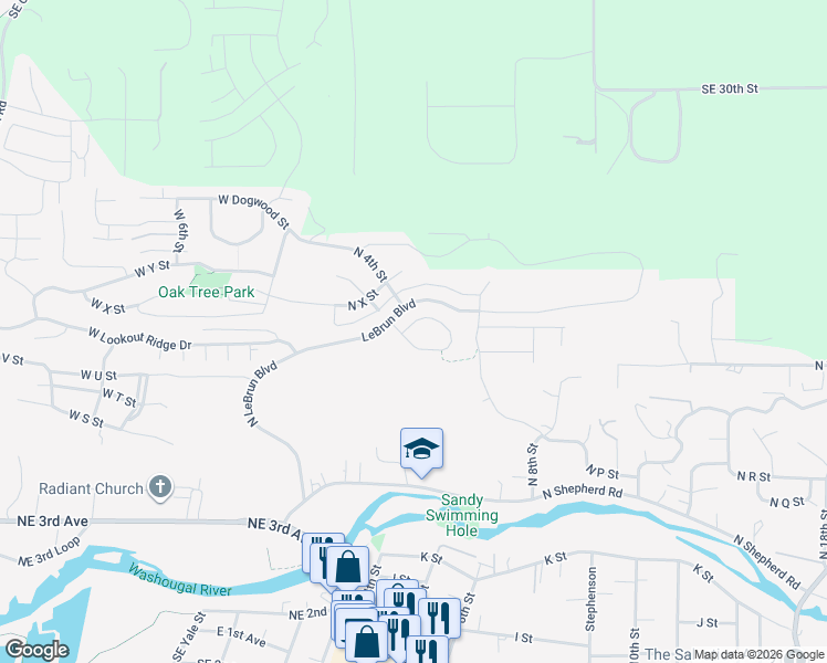 map of restaurants, bars, coffee shops, grocery stores, and more near 356 North V Street in Washougal