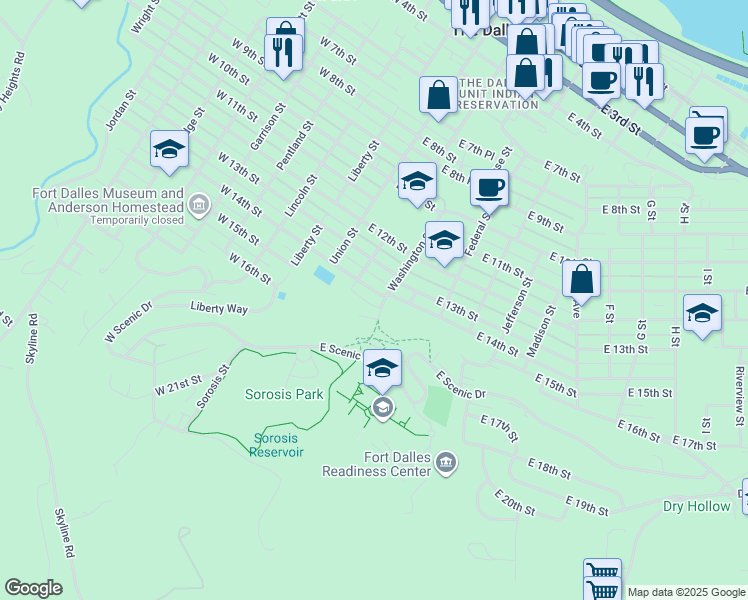 map of restaurants, bars, coffee shops, grocery stores, and more near 216 East 14th Street in The Dalles