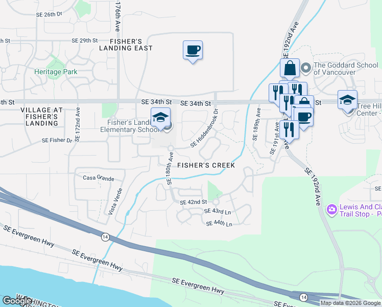 map of restaurants, bars, coffee shops, grocery stores, and more near 3811 Southeast 182nd Court in Vancouver