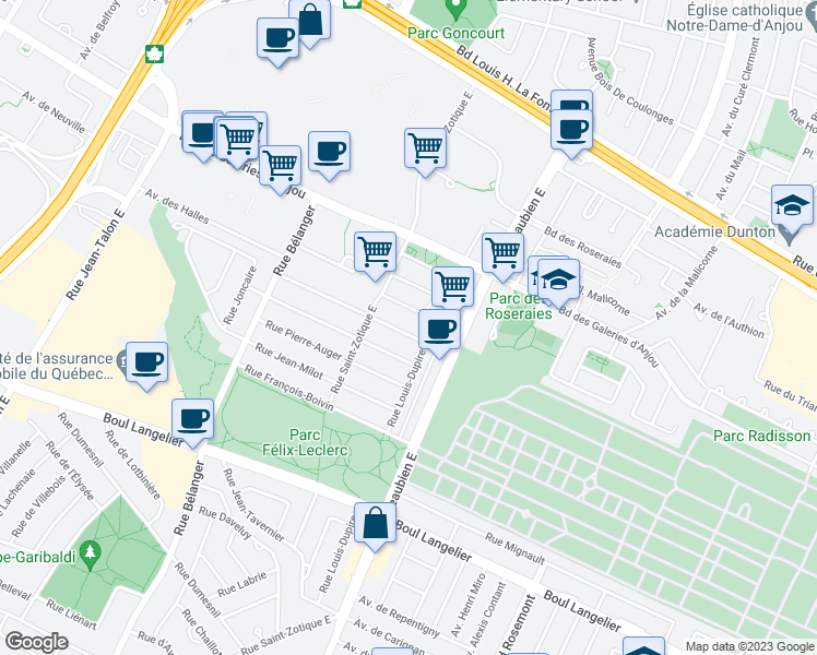 map of restaurants, bars, coffee shops, grocery stores, and more near 6645A Rue Pierre-Gadois in Montréal