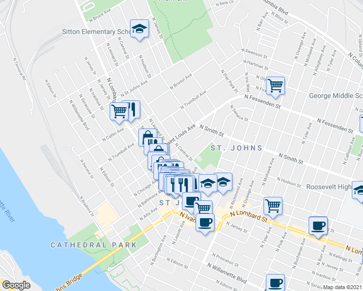 map of restaurants, bars, coffee shops, grocery stores, and more near 9005 North Central Street in Portland