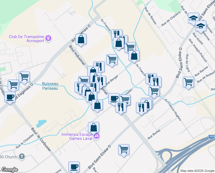 map of restaurants, bars, coffee shops, grocery stores, and more near 3421 Boulevard Industriel in Laval