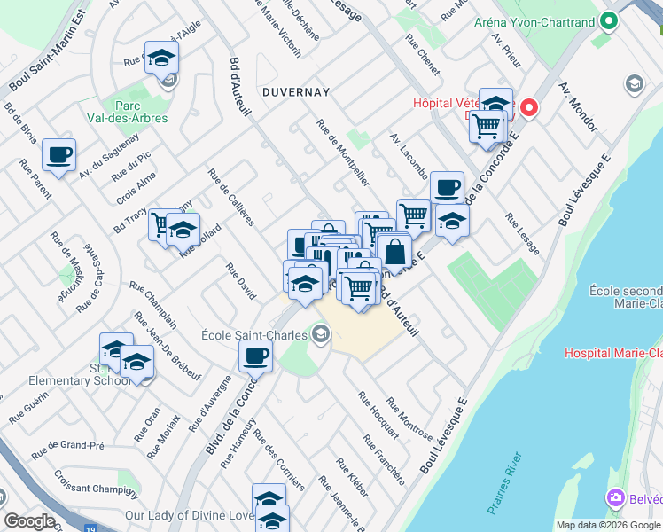 map of restaurants, bars, coffee shops, grocery stores, and more near 3131 Boulevard de la Concorde Est in Laval