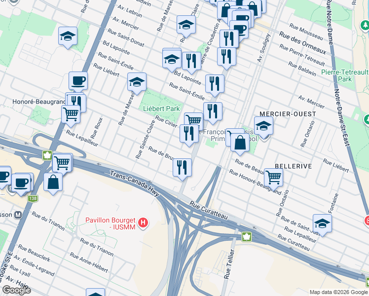 map of restaurants, bars, coffee shops, grocery stores, and more near 2575 Rue Honoré-Beaugrand in Montréal