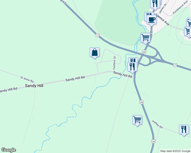map of restaurants, bars, coffee shops, grocery stores, and more near 1226 Sandy Hill Road in Hawkesbury