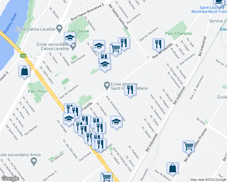 map of restaurants, bars, coffee shops, grocery stores, and more near 10852 Avenue Balzac in Montréal