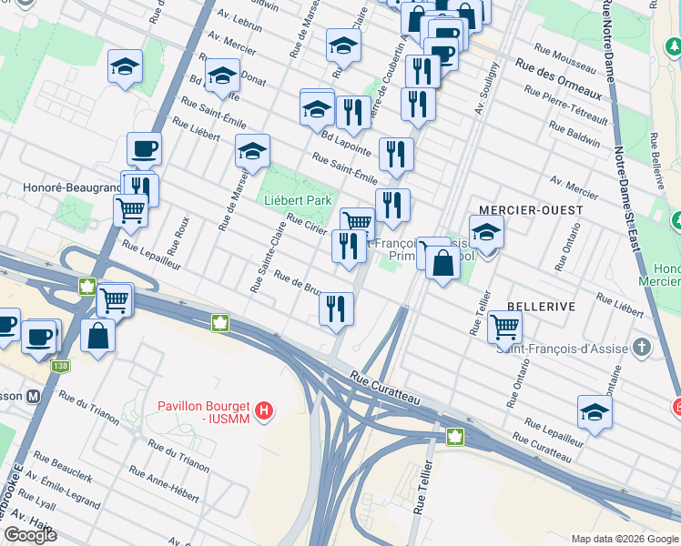 map of restaurants, bars, coffee shops, grocery stores, and more near 2575 Rue Honoré-Beaugrand in Montréal