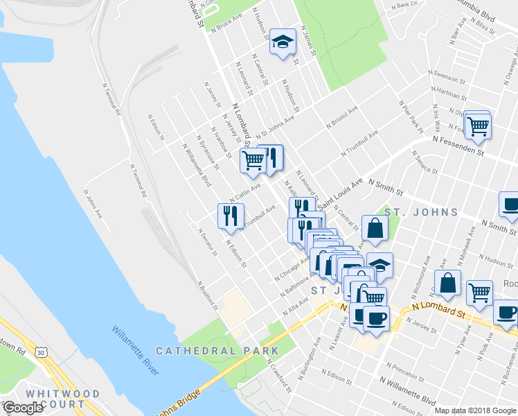 map of restaurants, bars, coffee shops, grocery stores, and more near 9314 North Ivanhoe Street in Portland