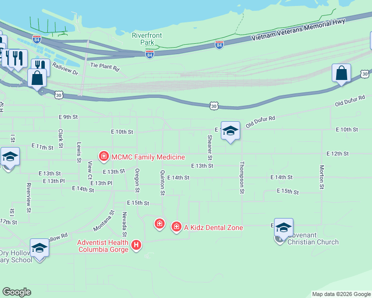 map of restaurants, bars, coffee shops, grocery stores, and more near 2009 East 12th Street in The Dalles