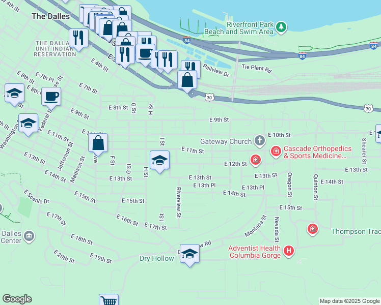 map of restaurants, bars, coffee shops, grocery stores, and more near 1321 East 11th Street in The Dalles