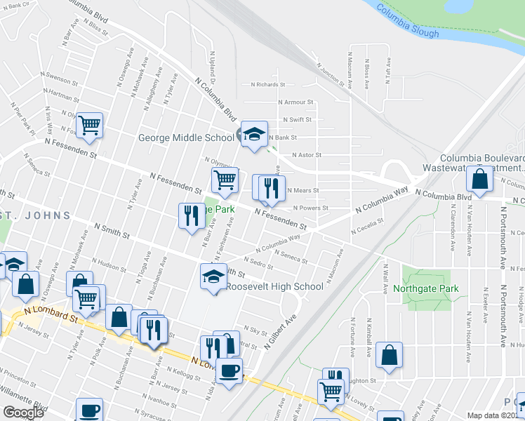 map of restaurants, bars, coffee shops, grocery stores, and more near 7025 North Fessenden Street in Portland