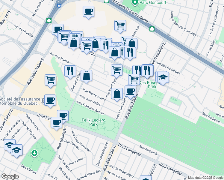 map of restaurants, bars, coffee shops, grocery stores, and more near in Montreal