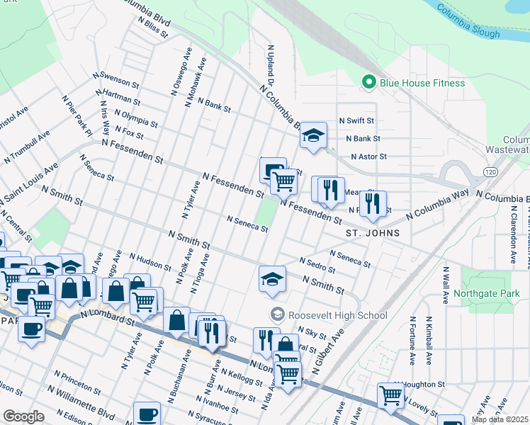 map of restaurants, bars, coffee shops, grocery stores, and more near 9498 N Calhoun Ave in Portland