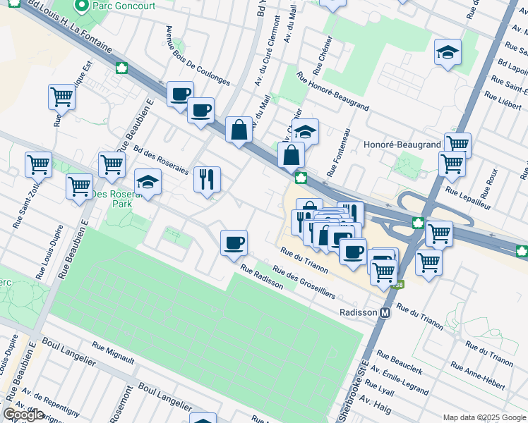 map of restaurants, bars, coffee shops, grocery stores, and more near 5995 Avenue de l'Authion in Montreal