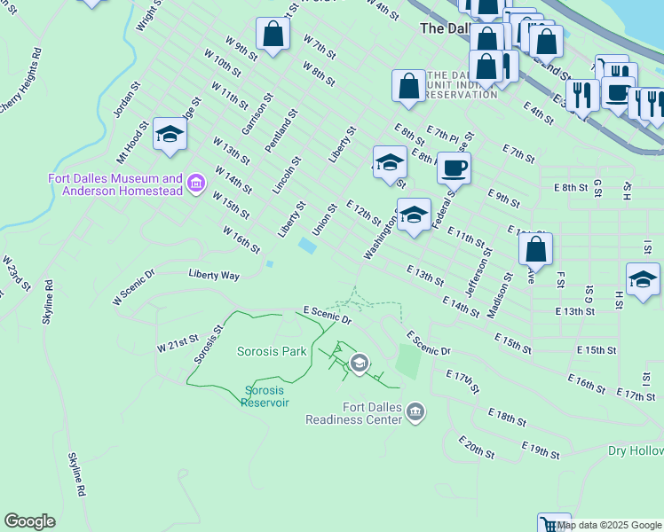 map of restaurants, bars, coffee shops, grocery stores, and more near 1508 Court Street in The Dalles