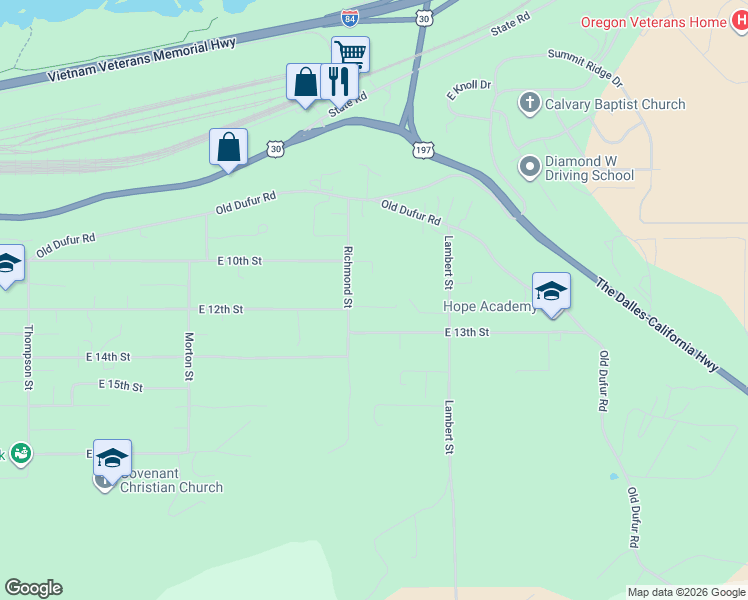 map of restaurants, bars, coffee shops, grocery stores, and more near 3035 East 12th Street in The Dalles