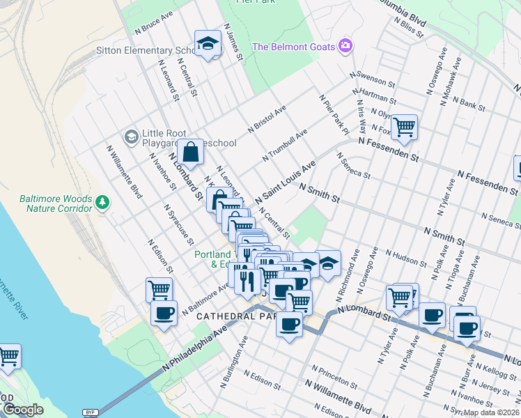 map of restaurants, bars, coffee shops, grocery stores, and more near 9040 North Street Louis Ave-New York Avenue Alley in Portland