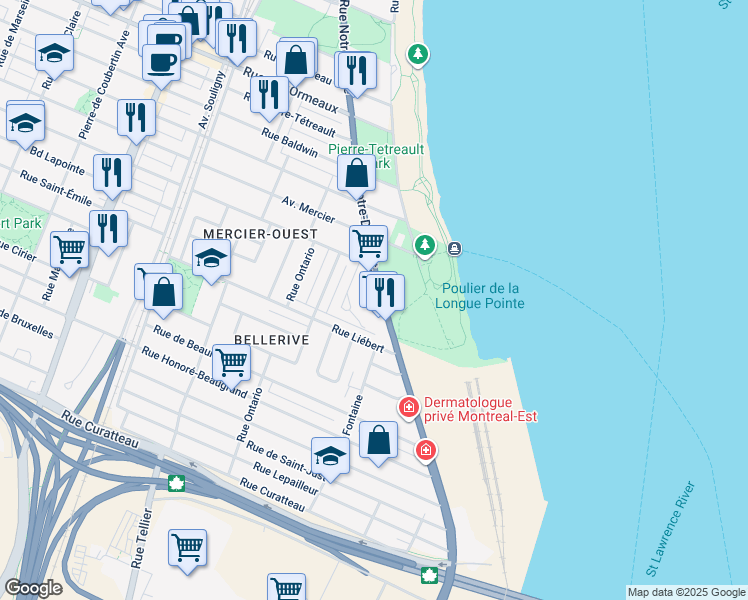 map of restaurants, bars, coffee shops, grocery stores, and more near in Montréal