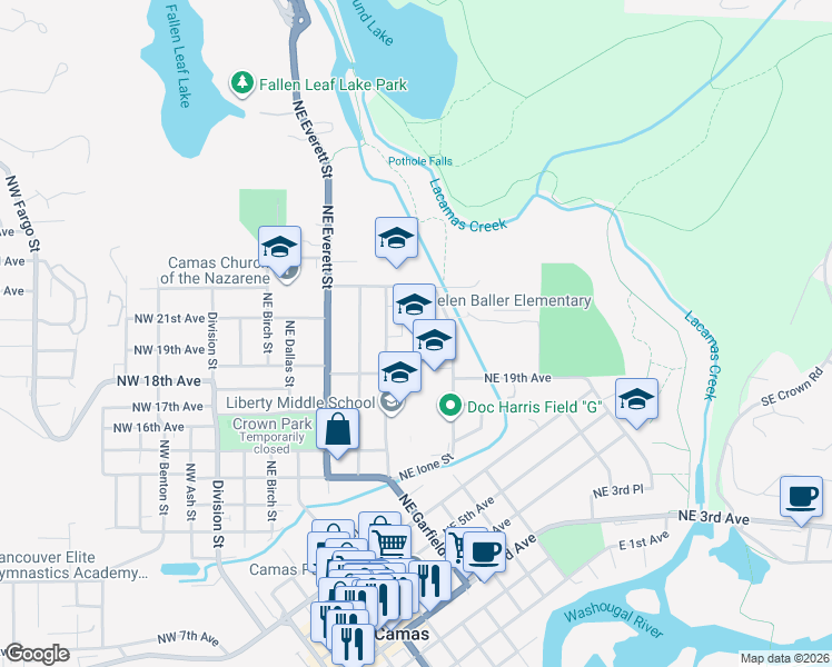 map of restaurants, bars, coffee shops, grocery stores, and more near 1954 Northeast Garfield Street in Camas
