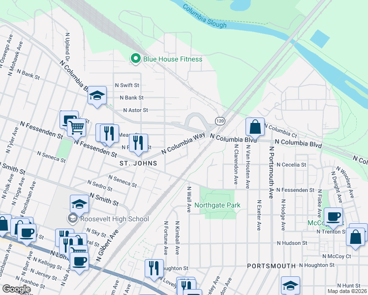 map of restaurants, bars, coffee shops, grocery stores, and more near 6210 North Mears St-Columbia Boulevard Alley in Portland