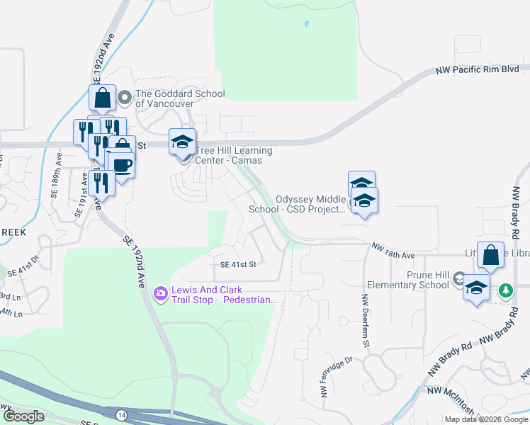 map of restaurants, bars, coffee shops, grocery stores, and more near 3807 Southeast Sunrise Drive in Camas