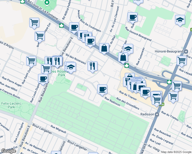 map of restaurants, bars, coffee shops, grocery stores, and more near 7276 Avenue de la Malicorne in Montréal