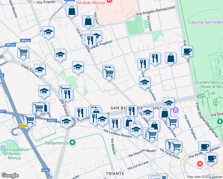 map of restaurants, bars, coffee shops, grocery stores, and more near 6 Via Arrigo Boito in Monza