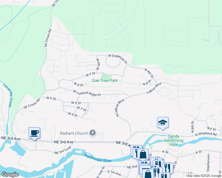 map of restaurants, bars, coffee shops, grocery stores, and more near 350 West X Circle in Washougal