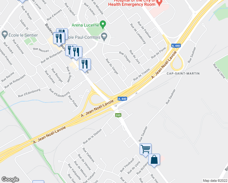 map of restaurants, bars, coffee shops, grocery stores, and more near 1567 A Rue Bédard in Laval