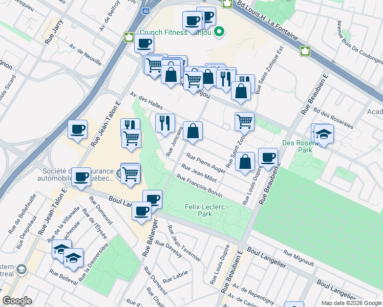 map of restaurants, bars, coffee shops, grocery stores, and more near 6849 Rue Pierre-Auger in Montréal