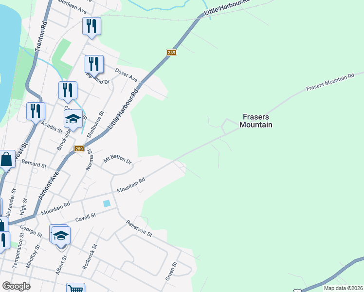 map of restaurants, bars, coffee shops, grocery stores, and more near 526 Mountain Road in New Glasgow