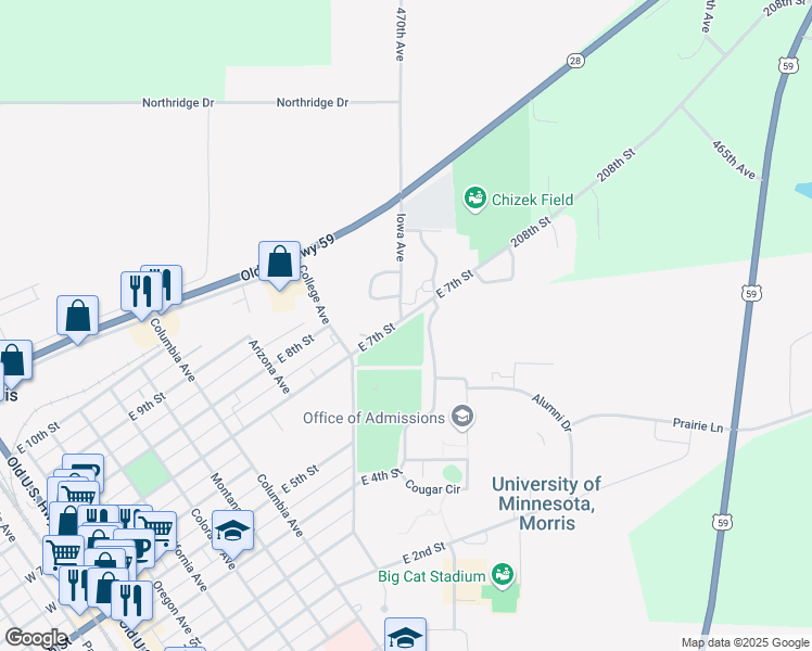 map of restaurants, bars, coffee shops, grocery stores, and more near 806 East 7th Street in Morris