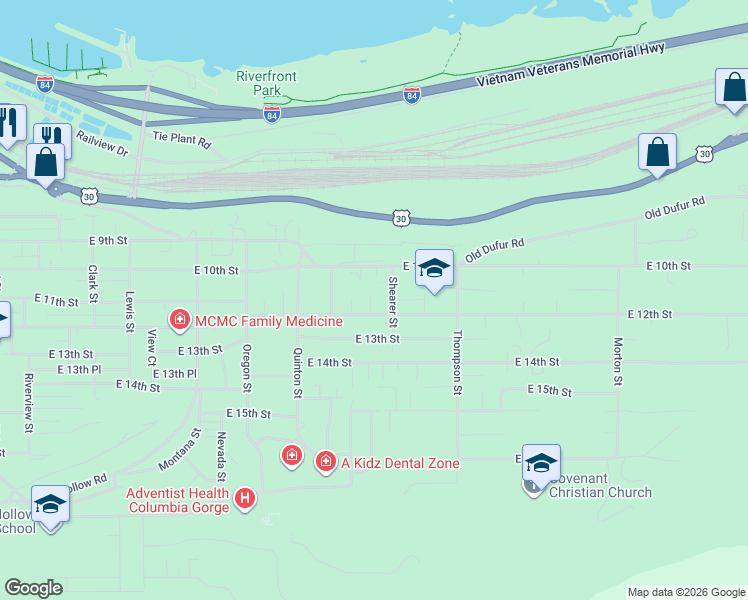 map of restaurants, bars, coffee shops, grocery stores, and more near 3 East 12th Street in The Dalles