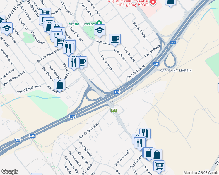 map of restaurants, bars, coffee shops, grocery stores, and more near 1567 A Rue Bédard in Laval