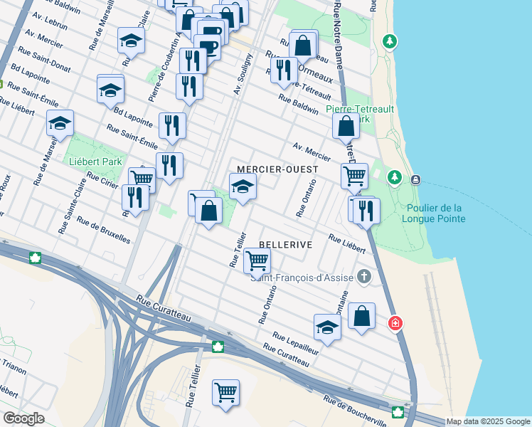 map of restaurants, bars, coffee shops, grocery stores, and more near 2110 Rue Liébert in Montréal