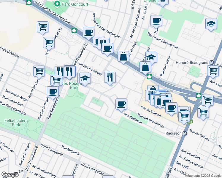 map of restaurants, bars, coffee shops, grocery stores, and more near 7260 Avenue De Malicorne in Montreal