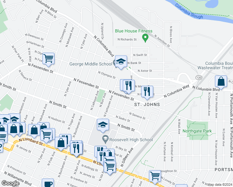 map of restaurants, bars, coffee shops, grocery stores, and more near 1219 North Fessenden Street in Portland