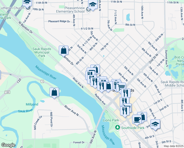 map of restaurants, bars, coffee shops, grocery stores, and more near 521 2nd Avenue North in Sauk Rapids
