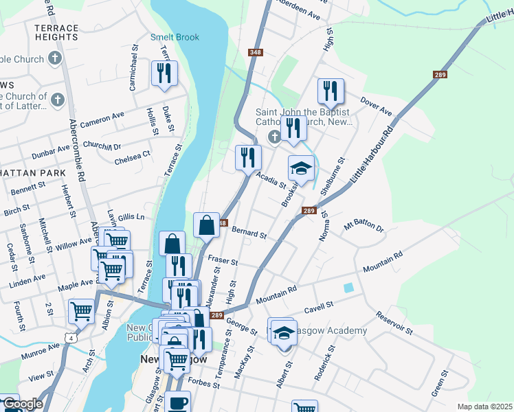 map of restaurants, bars, coffee shops, grocery stores, and more near 227 High Street in New Glasgow